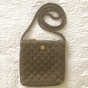 LINA Purse, Vintage 1990s Crossbody, Taupe, Glimmering Rose Gold Thread Accents